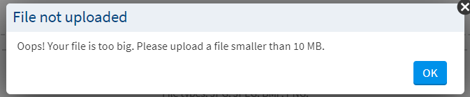 A screenshot of the MyChart error message for file uploads. File uploads must be smaller than 10 MB.