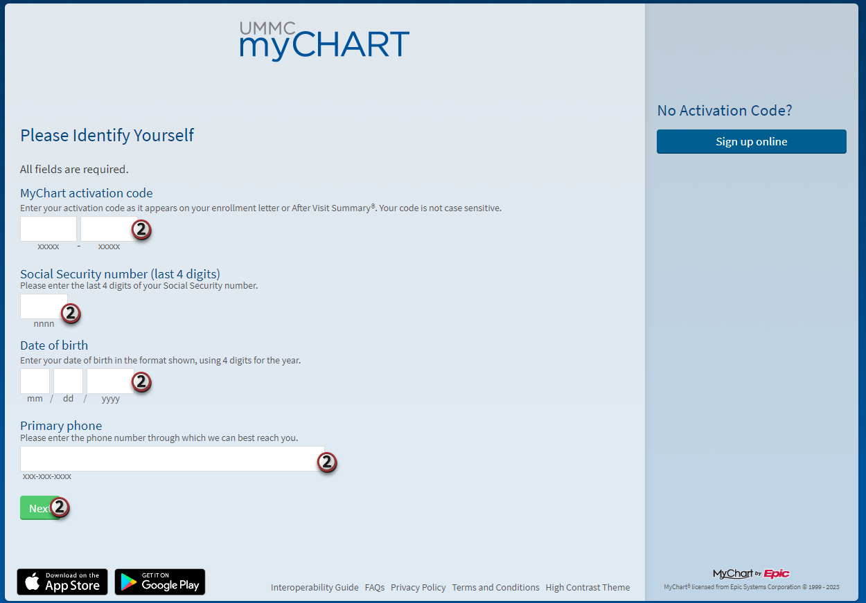 A screenshot of the MyChart page where an activation code can be entered.