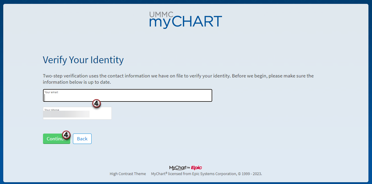 A screenshot of the MyChart page where the email and phone number are entered.