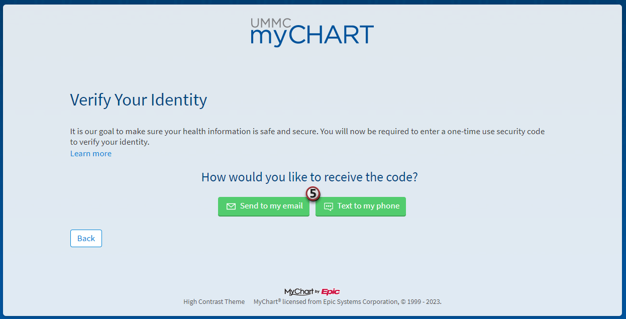 A screenshot of the MyChart page where the select is made for email or phone verification.