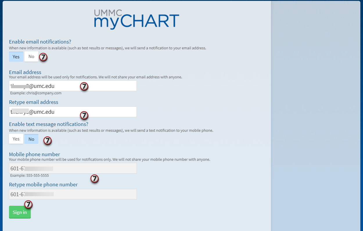 A screenshot of the MyChart page with the sign in link highlighted.