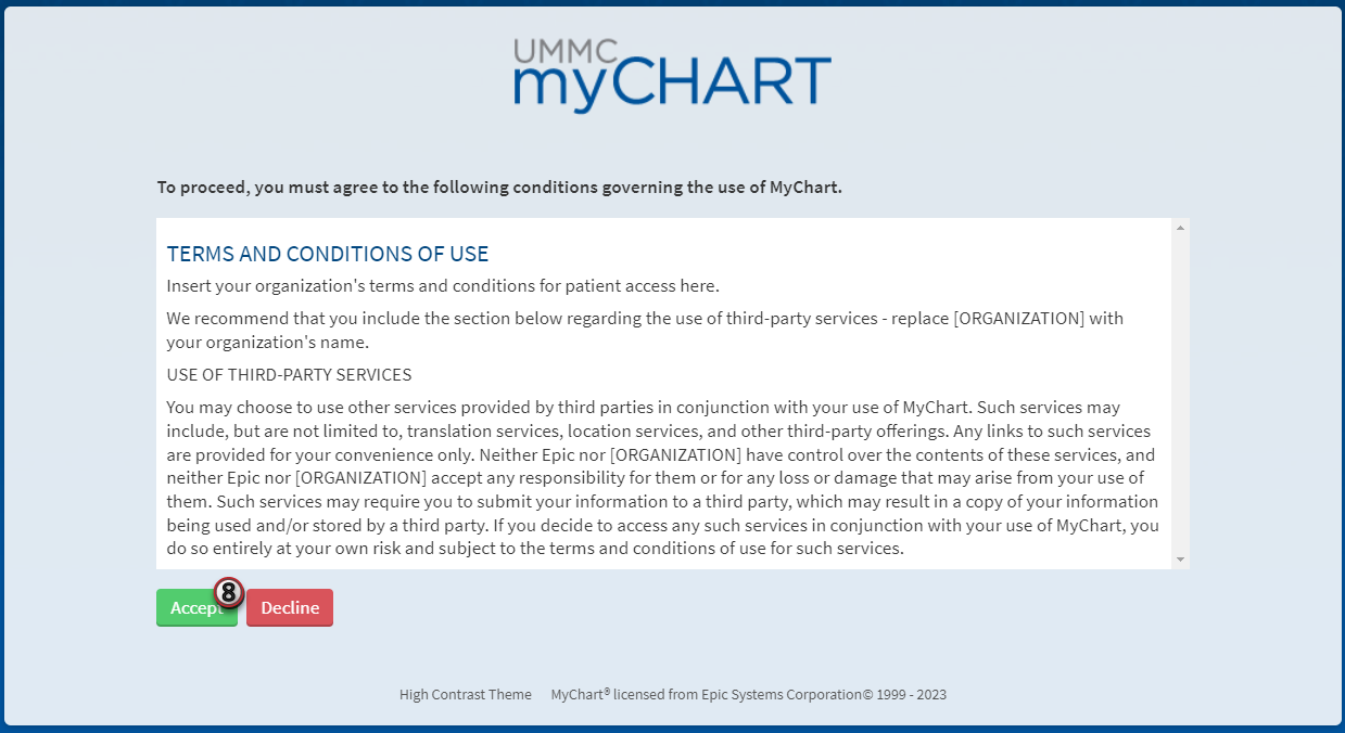 A screenshot of the MyChart page with Terms and Conditions.