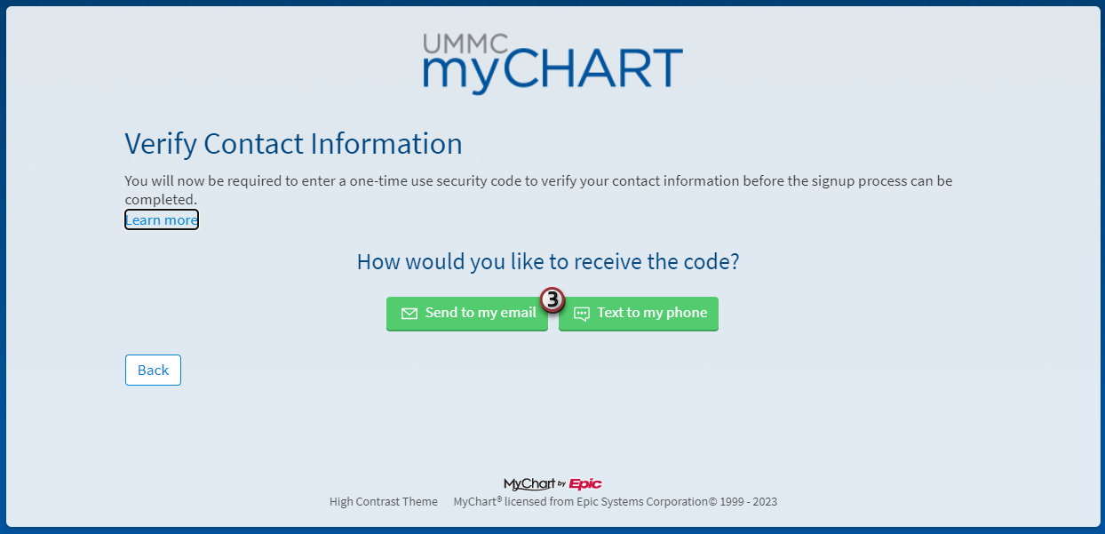 A screenshot of the MyChart page where the preferred method for selecting a verification code is selected.