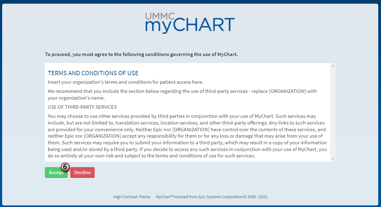 A screenshot of the MyChart page where the Terms and Conditions of Use may be read and accepts.