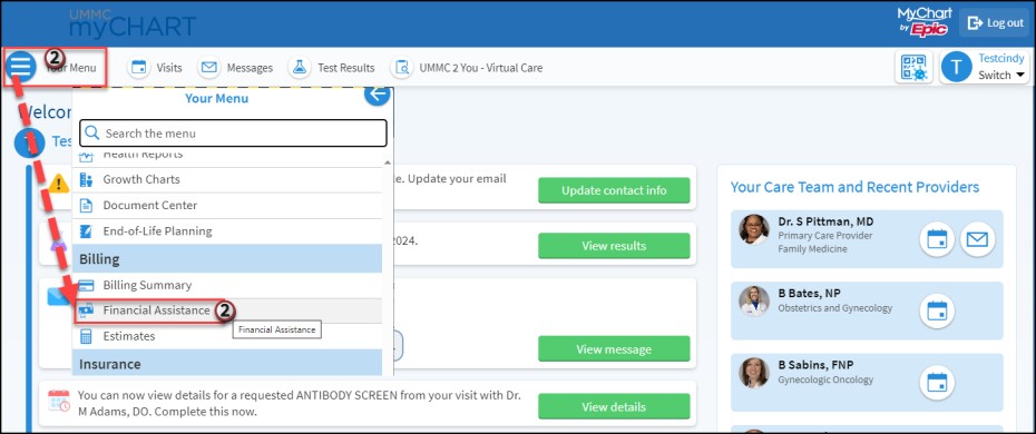 A screenshot of the MyChart menu highlighting the Billing and Financial Assistance links (step 2).