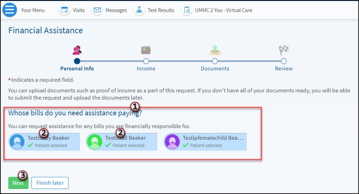 A screenshot of the MyChart Financial Assistance section and the Personal Info step.