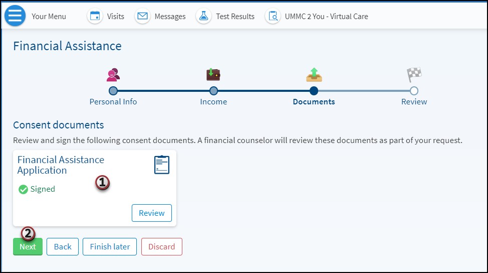 A screenshot of the MyChart Financial Assistance section and the Documents step.