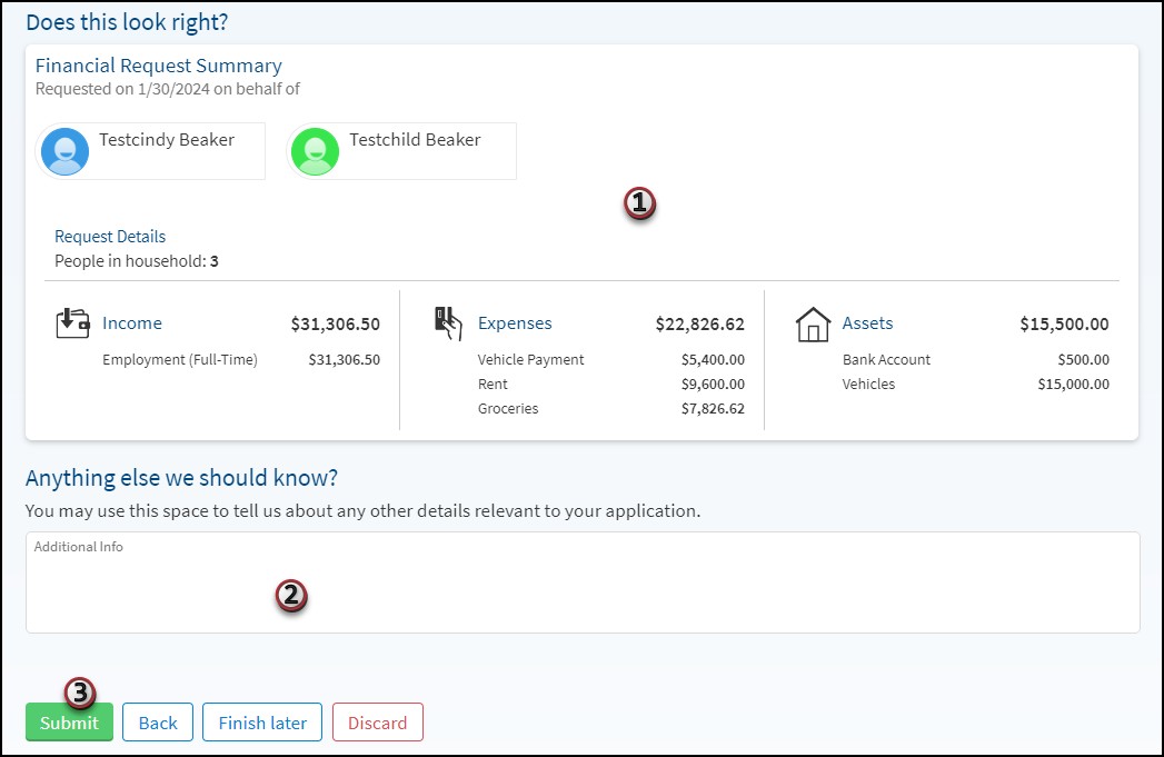 A screenshot of the MyChart Financial Assistance section and the review step.