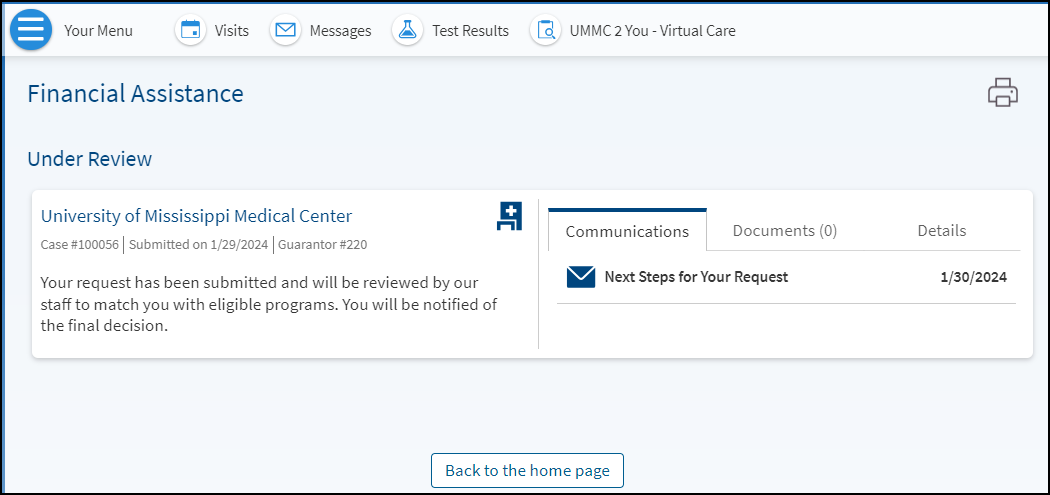 A screenshot of the MyChart Financial Assistance section showing where the request status is located.