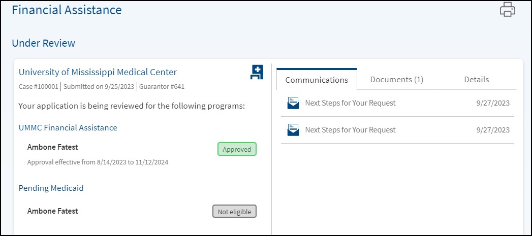 A screenshot of the MyChart Financial Assistance section showing the Communications tab.