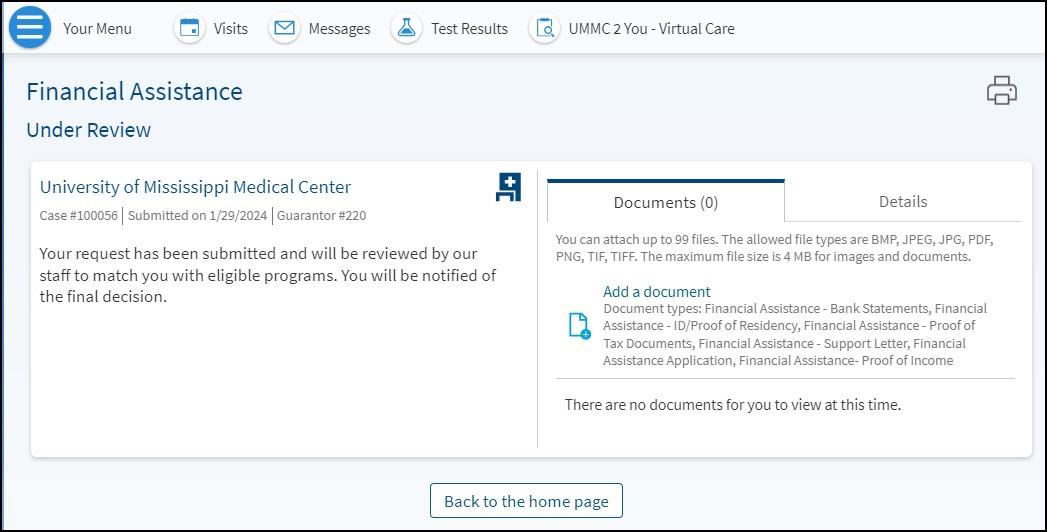 A screenshot of the MyChart Financial Assistance section and the Documents tab with its Add a document link