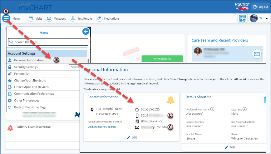 A screenshot of the MyChart sign in page with arrows pointing to the Menu drop-down (step 2a), Personal Information under Account Settings header (step 2b), and the Mobile Number field under Contact Information (step 2c).