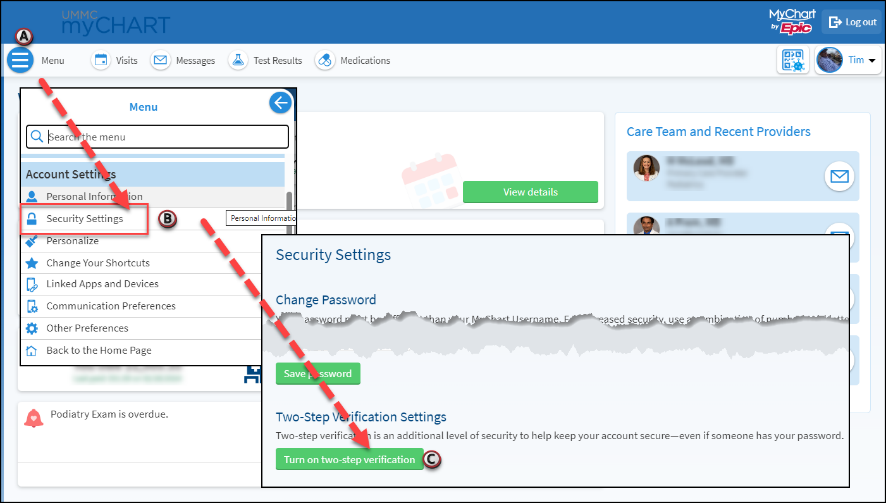 A screenshot of the MyChart page where Security Settings can be selected with arrows pointing to the Menu drop-down (step 3a), Security Settings under Account Settings header (step 3b), and the Turn on Two-Step verification button under Contact Information (step 3c).