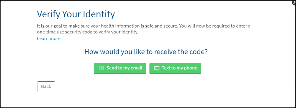 A screenshot of the MyChart page where the email or text message may be selected for verification code.