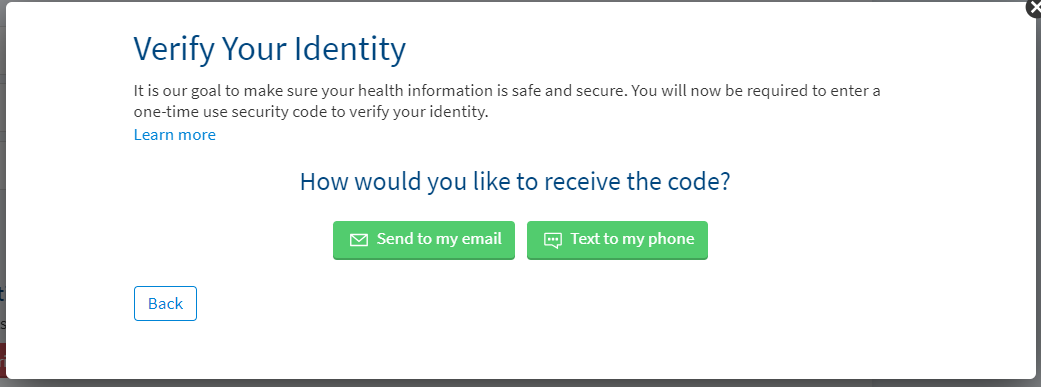 A screenshot of the MyChart page where email or text message may be selected to receive a verification code.