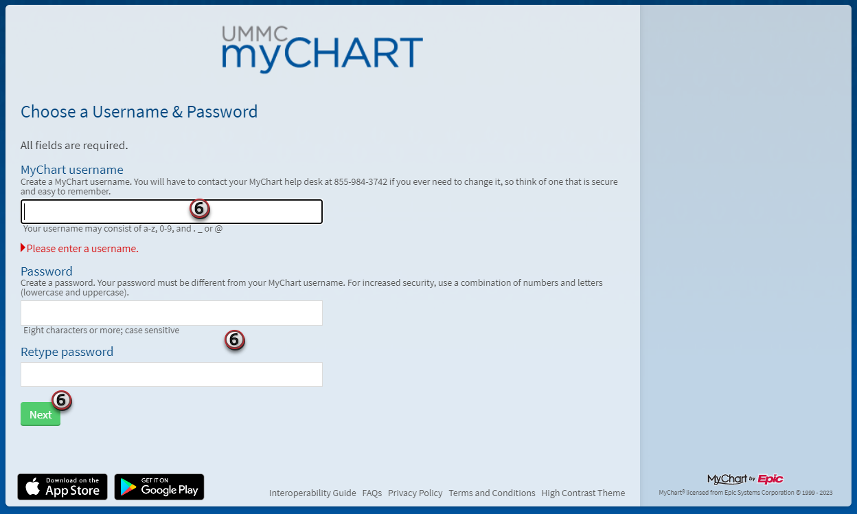 A screenshot of the MyChart page where the username and password are entered.