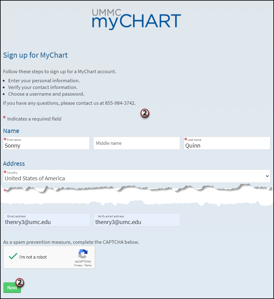 A screenshot of the UMMC MyChart sign up page.