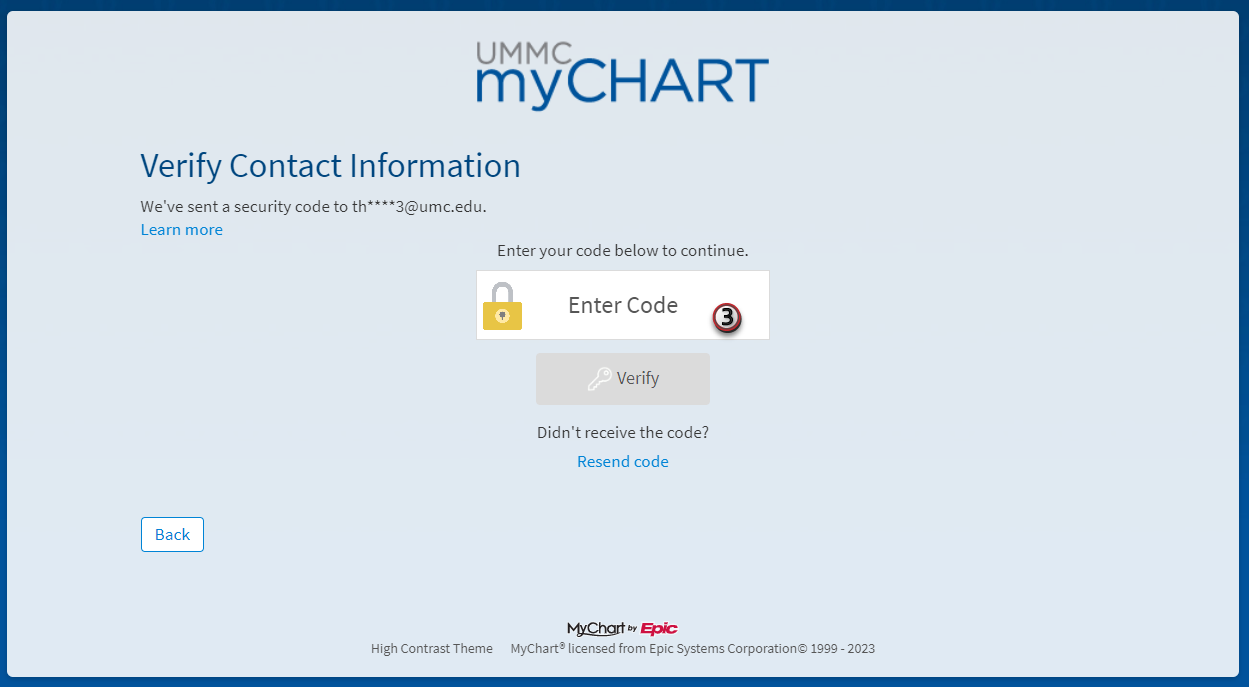 A screenshot of the MyChart page where the verification code is entered.