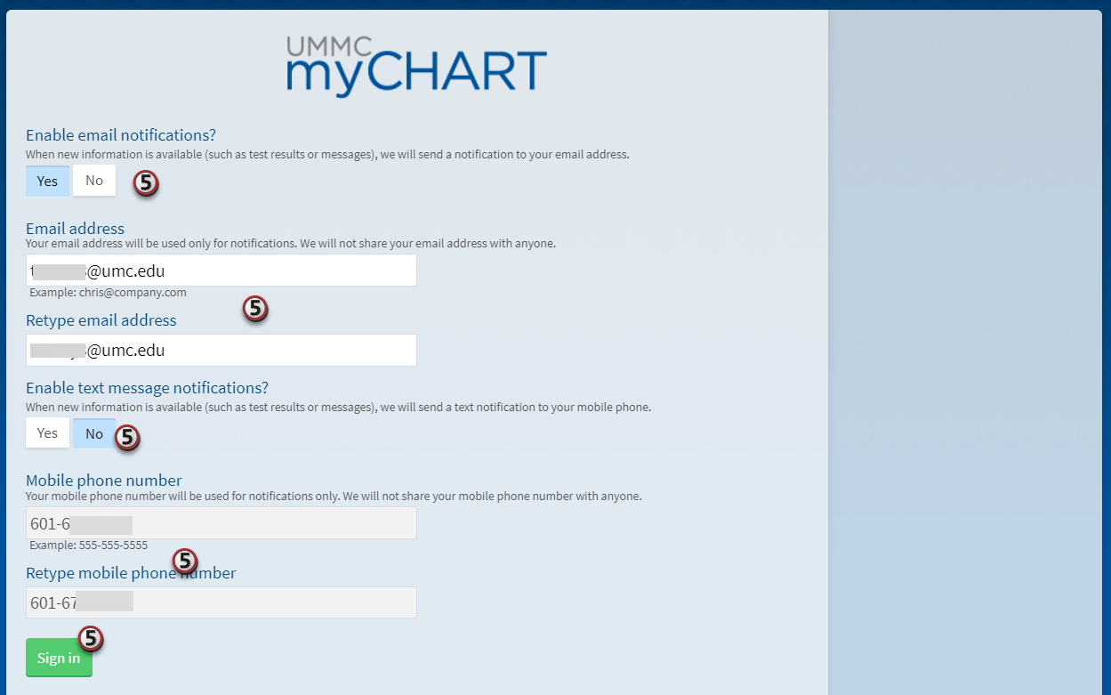 A screenshot of the MyChart page where communications preferences are confirmed with the Sign In button highlighted.