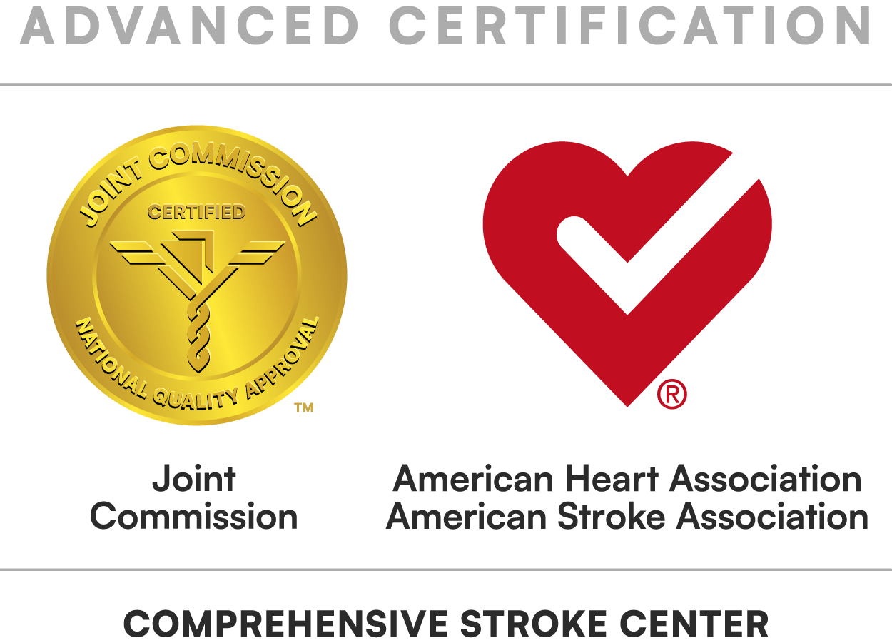 Advanced Certification, Joint Commission seal, American Heart Association and American Stroke Association logo, Comprehensive Stroke Center