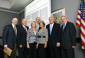Pictured are (from left) Dr. Thomas Mosley, director of the MIND Center; former Gov. William Winter, honorary chairman; Patricia McClure, co-chair; Ambassador John N. Palmer, chairman; Suzan Thames, co-chair; Dr. Robert C. Khayat, honorary chair; and Dr. Dan Jones, chancellor of the University of Mississippi.