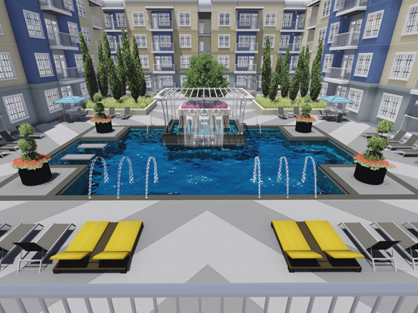 An in-pool sun deck is a special feature of the Meridian at Fondren's courtyard.