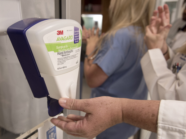Some of the hand sanitizer gels used on the cardiovascular intensive care unit contain moisturizer so that caregivers' hands don't easily become cracked and dry.