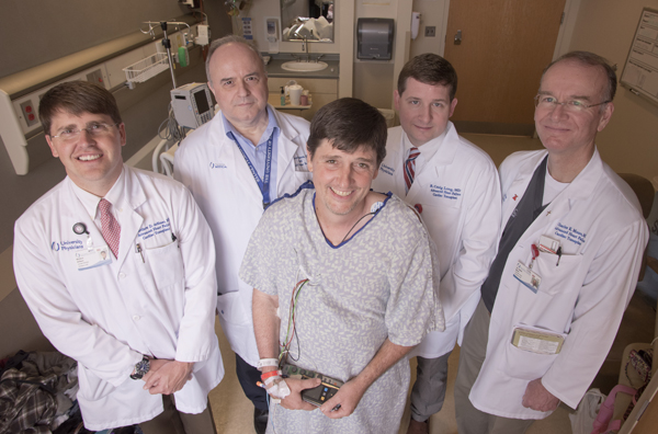 The UMMC heart transplant team of Brad Fitzgerald includes (from left) Dr. Matt deShazo, Dr. Anthony Panos, Dr. Craig Long and Dr. Charles Moore.