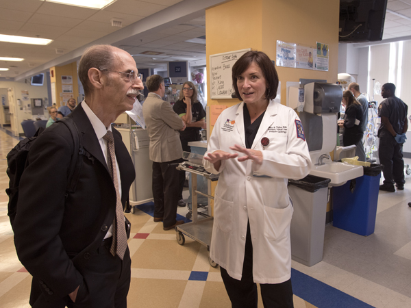 Dreyer gets a tour of the pediatric intensive care unit from Dr. Mary Taylor, chief of pediatric critical care at UMMC.