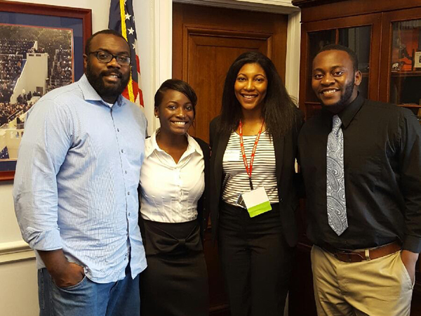 RESULTS fellowship awardees meet with John "Trey" Baker III, left, aide to 2nd District U.S. Rep. Bennie Thompson, D-Mississippi, in Washington, D.C. The students are, from left, Carmichael, Wheeler and Adah.