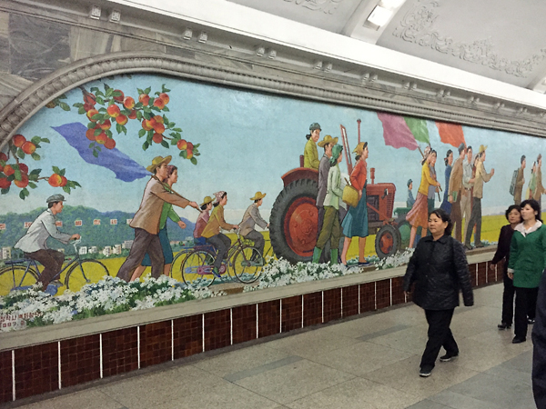 Beautiful mosaic murals adorn the walls of the subway station in Pyongyang.
