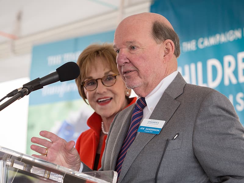 Joe Sanderson Jr. and wife Kathy celebrate the coming construction of a new seven-story children's tower adjacent to Batson Children's Hospital.