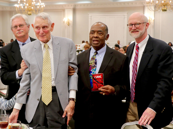 ARIC study and UMMC leaders attending the 30-year anniversary luncheon include, from left, Dr. Richard Summers, UMMC associate vice chancellor for research; Dr. Richard Hutchinson, original ARIC principal investigator; Dr. Robert Smith, ARIC investigator; and Dr. Tom Mosley, current ARIC PI and director of The MIND Center.