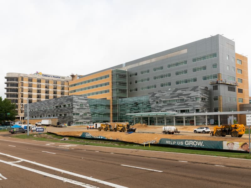 Crews finish their work on the seven-story Kathy and Joe Sanderson Tower at Children's of Mississippi.