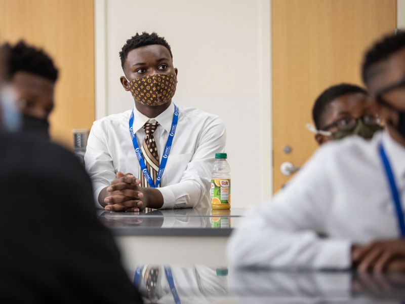 Brandon Roberts listens during a tour of the School of Medicine during the Black Men in Healthcare Empowerment Summit June 26, 2021.