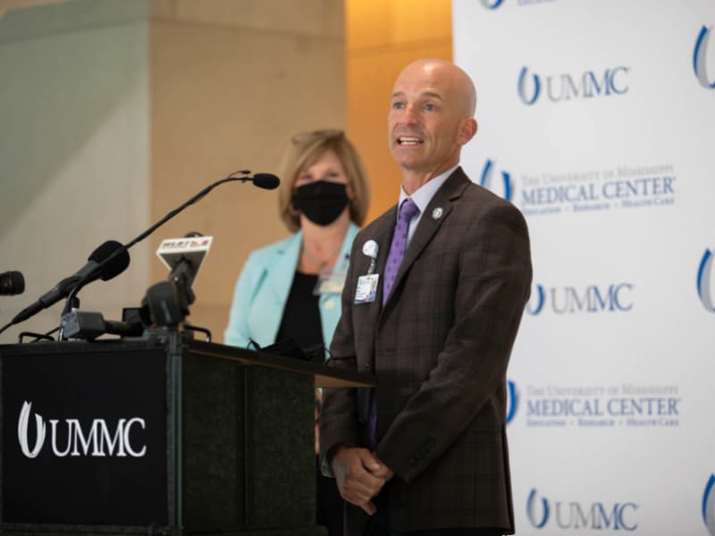 Dr. Alan Jones, University of Mississippi Medical Center associate vice chancellor for clinical affairs, speaks during a news conference Wednesday on the Medical Center campus.