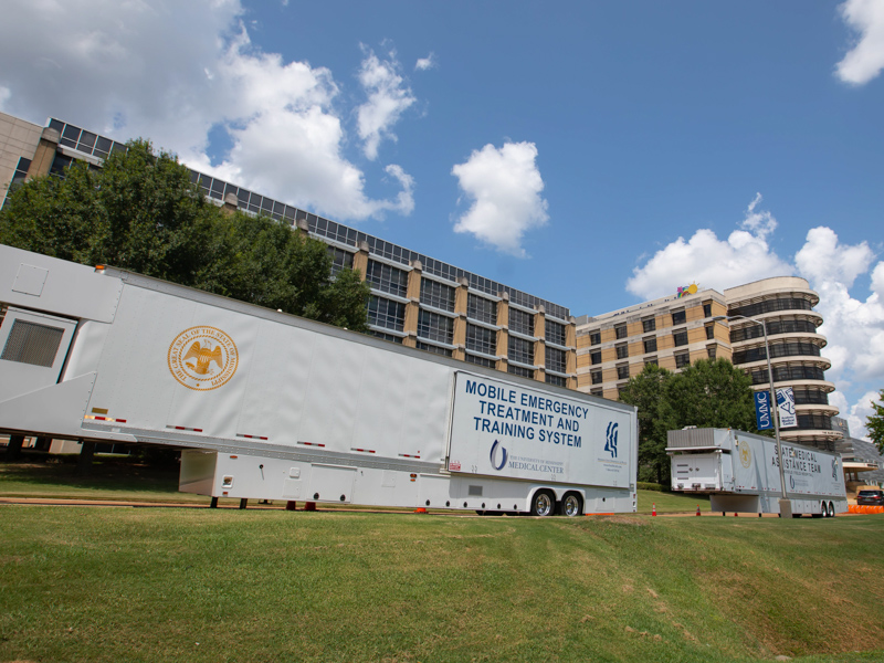 A state-owned mobile field hospital will be staffed by federal government health professionals when it opens August 13 in UMMC's parking garage B.