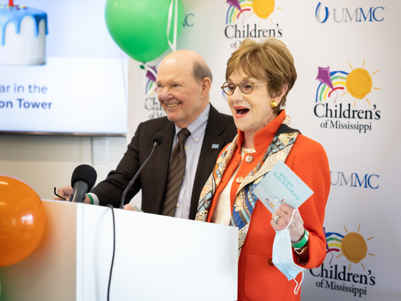 Campaign for Children's of Mississippi chairs Joe and Kathy Sanderson celebrate the first birthday of the Sanderson Tower at Children's of Mississippi.
