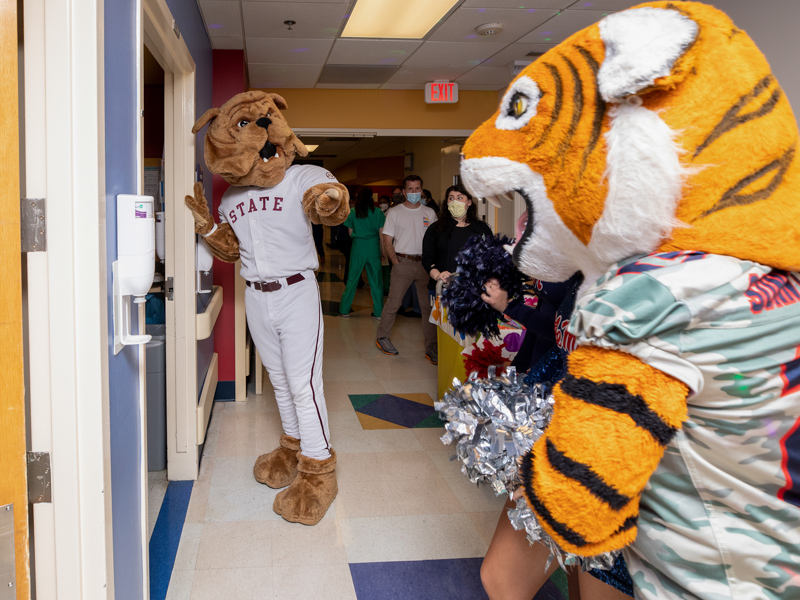 Sonny Thee Tiger and Bully teamed up for Children's of Mississippi patients Saturday, visiting patients throughout the hospital. Jay Ferchaud/ UMMC Communications