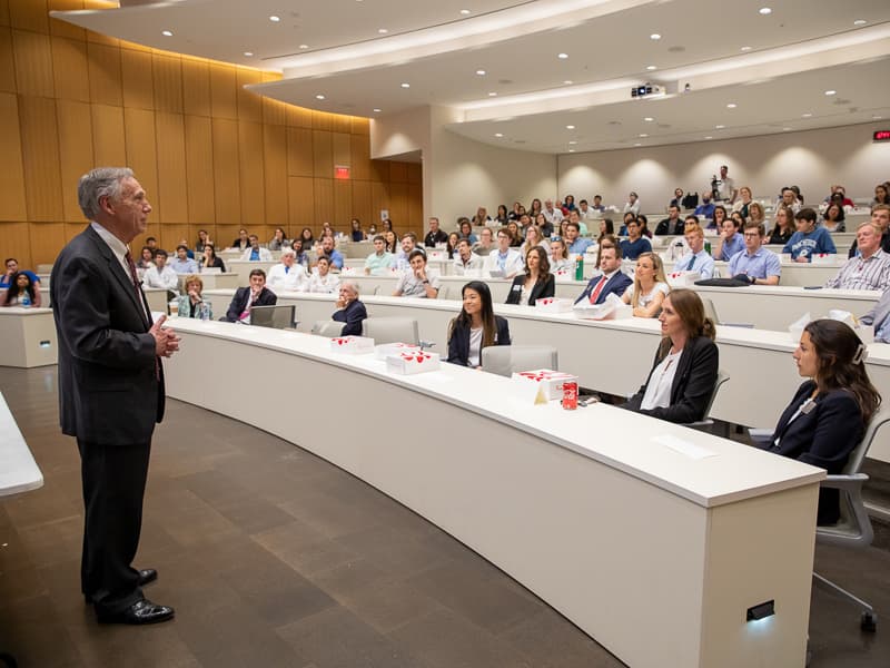 Hall answers student questions about mentorship and the Textbook of Medical Physiology during the 2022 Last Lecture. Jay Ferchaud/ UMMC Communications 