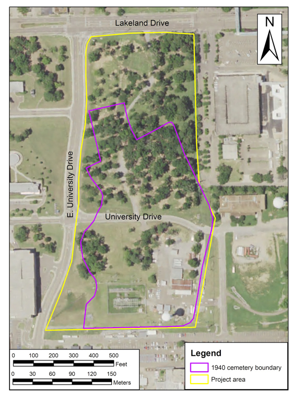 A modern aerial photograph of the northeast corner of UMMC's campus shows the archaeological project area boundary superimposed in yellow. The purple outline indicates the approximate location and extent of the Asylum Hill Cemetery, as viewed in an aerial photograph from 1940.