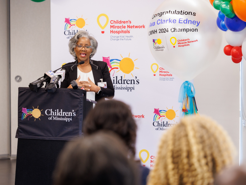 Dr. Ruth Patterson, Ava Clarke's pediatrician, tells audience members how Ava Clarke will be an outstanding representative for the state's only children's hospital.