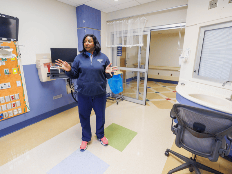 Hodge shows a clinic room for pediatric patients of The Mississippi Burn Center. UMMC's ability to provide multidisciplinary care is important in the treatment of burn patients.