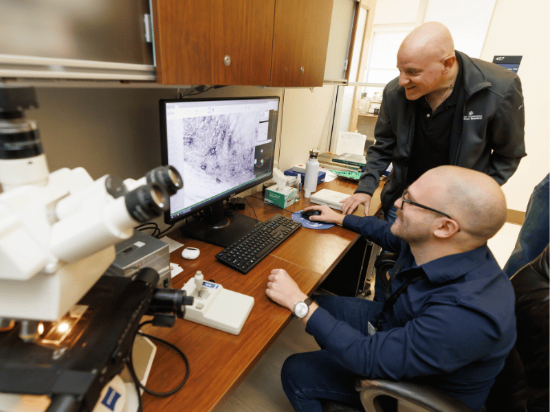 Valeri, seated, and Pantazopoulos examine perineuronal nets in the human hippocampus using computer assisted microscopy.