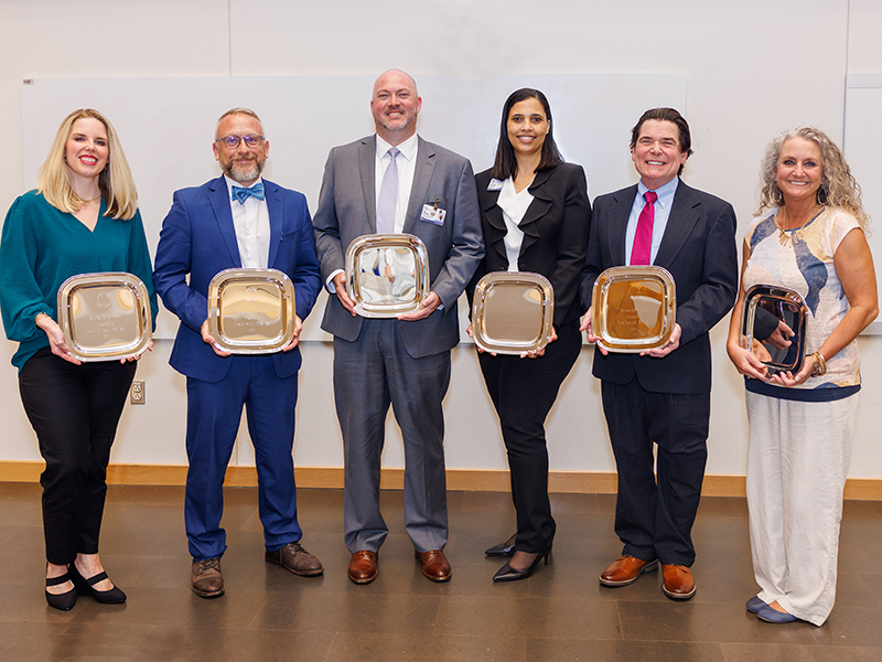 Hall of Fame awardees are, from left, Sarah Gilbert, Wesley Smith, Jason Zimmerman, Dr. Victoria Gholar, Troy Pearson and Laura Watrous.
