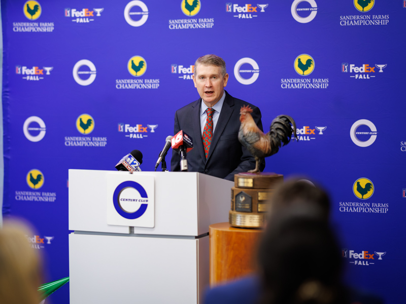 Dr. Guy Giesecke, CEO of Children's of Mississippi, welcomes attendees to Century Club Charities' announcement of a donation from the Sanderson Farms Championship to Friends of Children's Hospital.