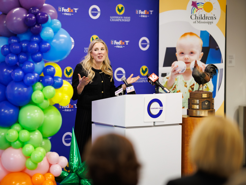 Kristin Allen, board chair of Friends of Children's Hospital, thanks Century Club Charities and the Sanderson Farms Championship for their $1 million gift.