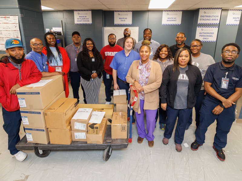 Members of the Shipping, Receiving and Postal Service team for the UMMC main campus are, front row, from left, Kendric Thomas, Sophia Beverly, Chanel Beverly and Joshua DeLoach; second row, Eric Terrell, Courtney Reynolds, Roshonda Baker, Cory Spooner, Velika Michael and Nise Branson; and third row, Shelton Perry, Charles Stewart, Duane Garrett, Stafford Collier and John Campbell.