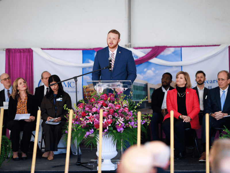 Dutton Day, a third-year dental student, speaks at the School of Dentistry groundbreaking ceremony.