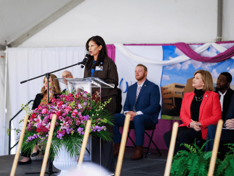 Dr. Pia Chatterjee Kirk, interim dean for the School of Dentistry, expresses gratitude during the groundbreaking ceremony for new clinical building.